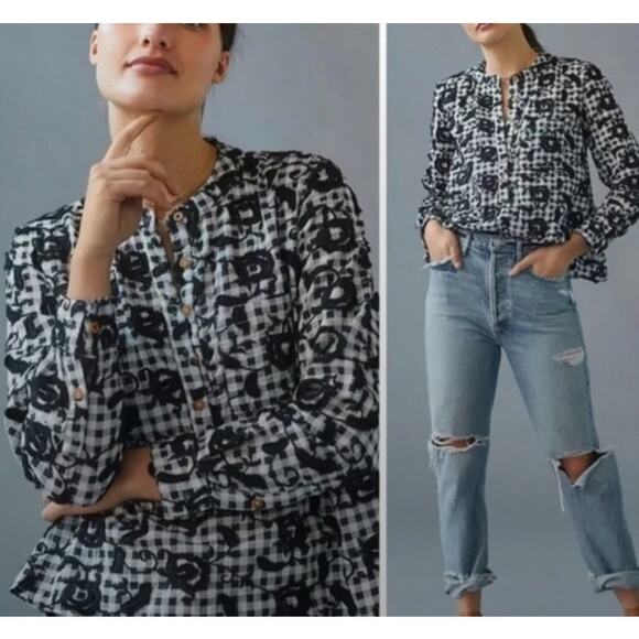 Anthropologie Tops - Anthropologie Pilcro Black and White gingham with embroidered floral button up